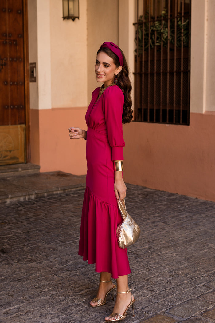 Vestido midi volante frambuesa