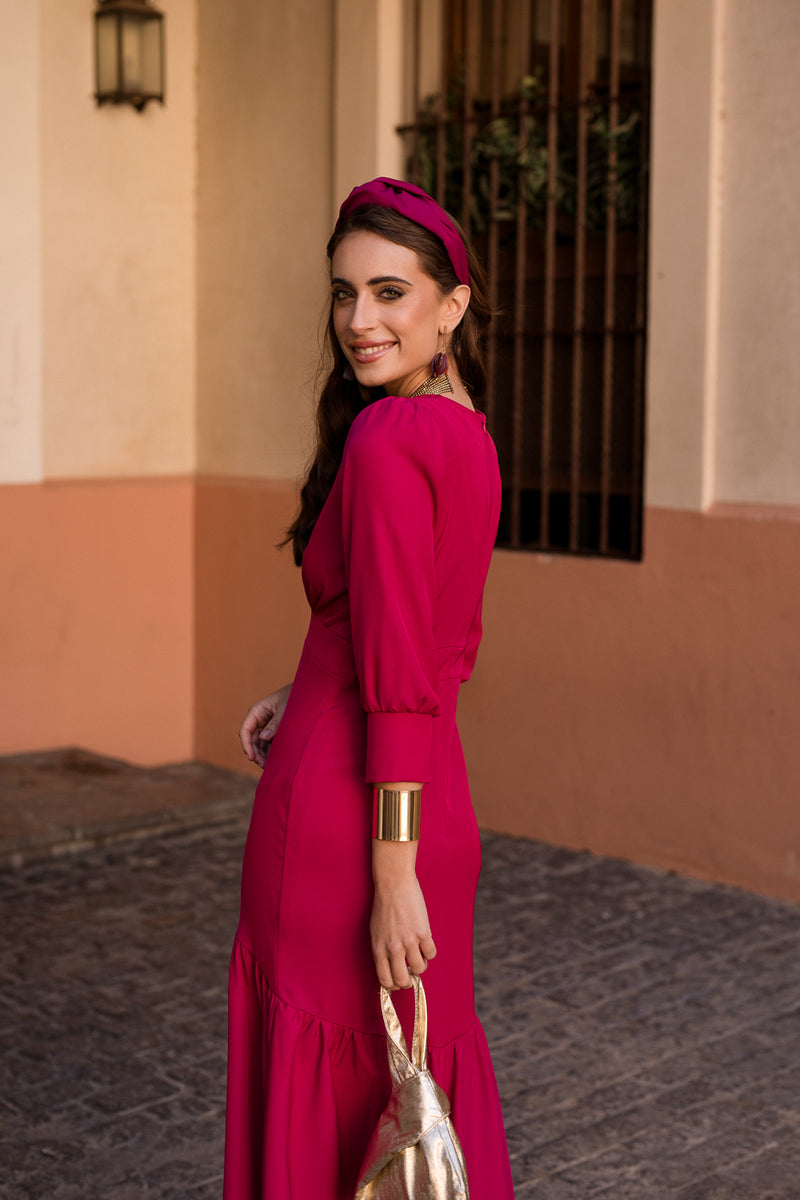 Vestido midi volante frambuesa