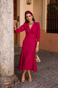 Vestido midi volante frambuesa