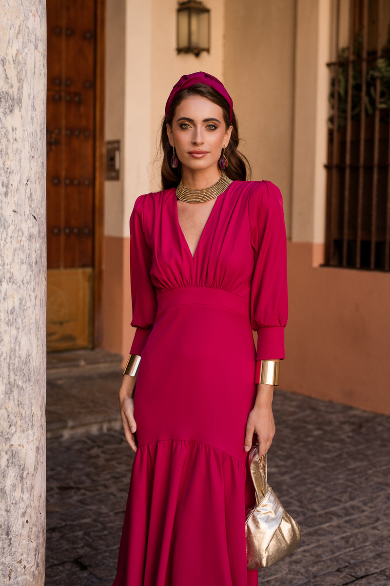 Vestido midi volante frambuesa