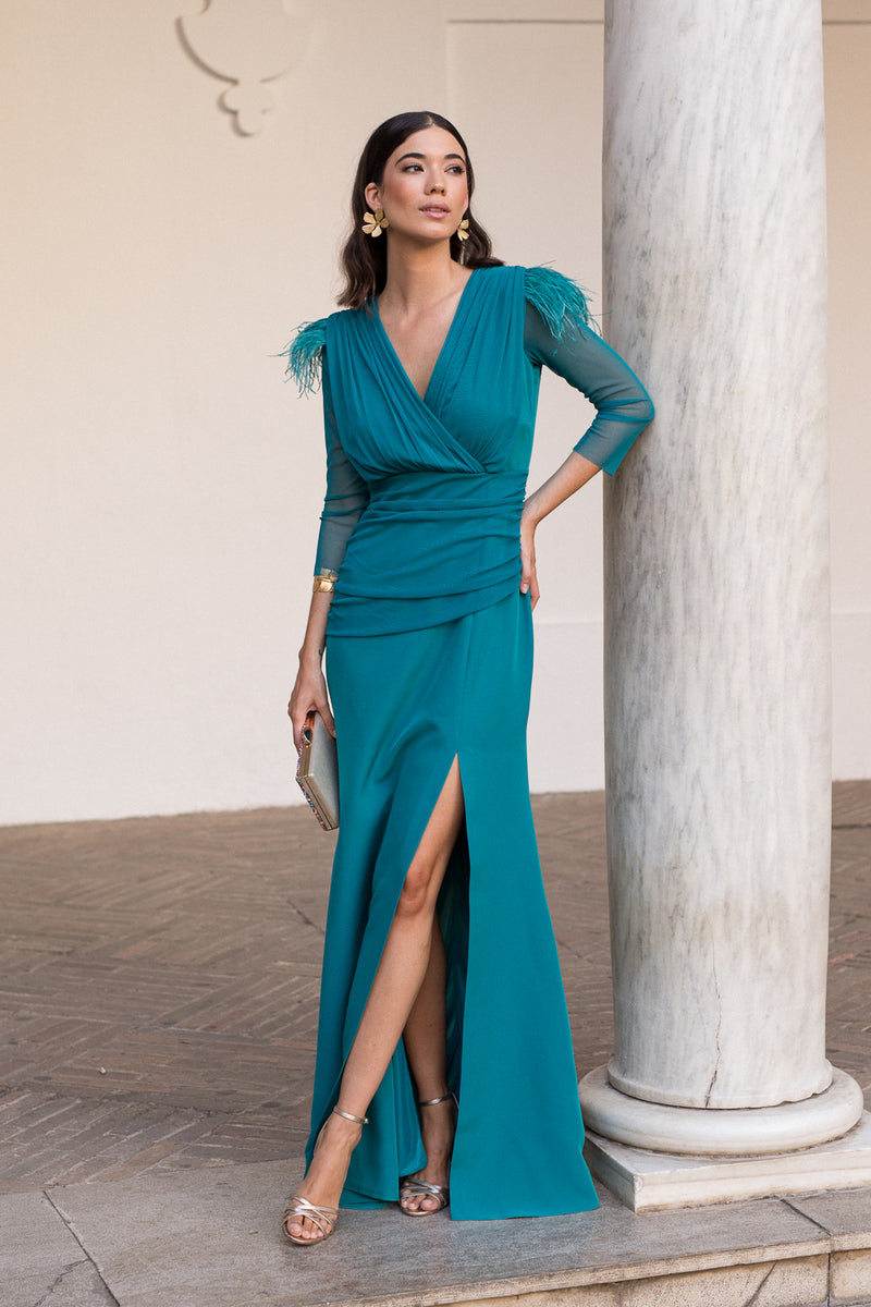 Vestido midi drapeado largo verde