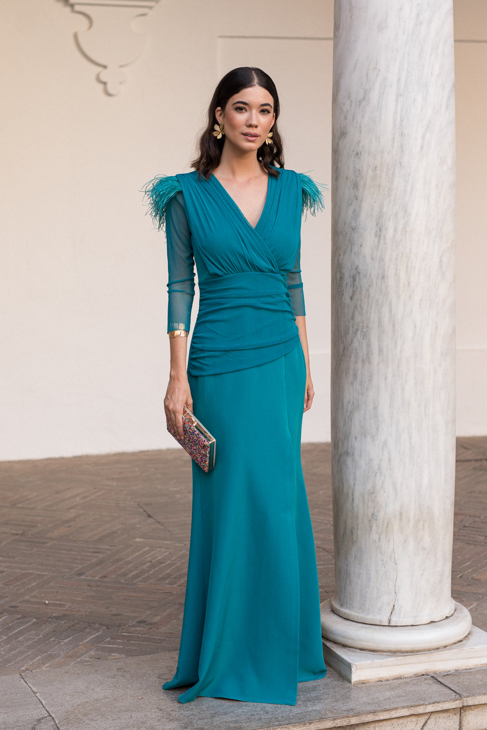 Vestido midi drapeado largo verde