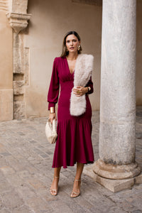 Vestido midi volante burdeos