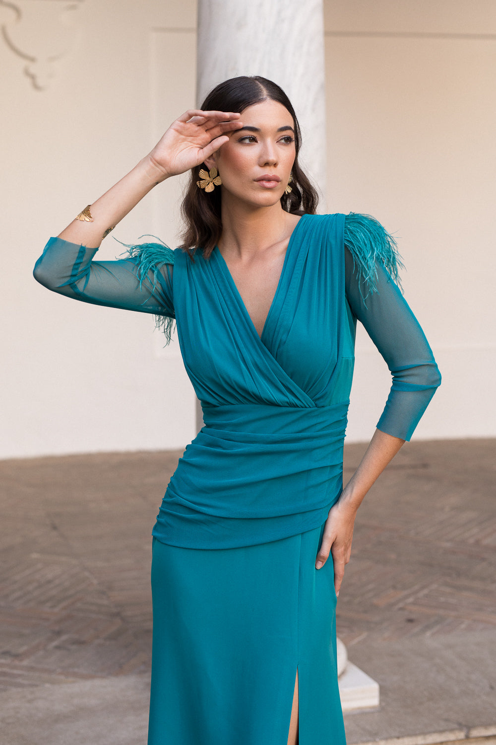 Vestido midi drapeado largo verde