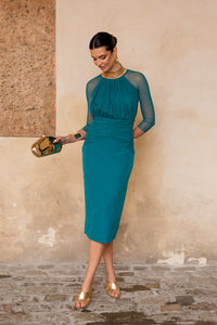 Vestido midi manga tul petróleo