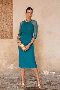 Vestido midi manga tul petróleo