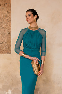 Vestido midi manga tul petróleo