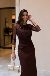 Vestido midi manga tul marrón chocolate