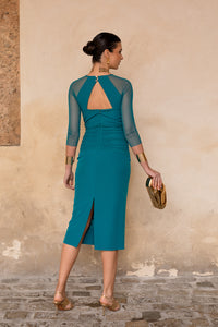 Vestido midi manga tul petróleo