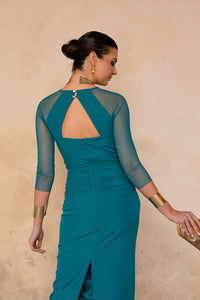 Vestido midi manga tul petróleo