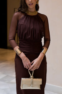 Vestido midi manga tul marrón chocolate