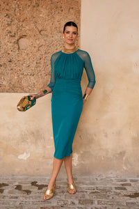 Vestido midi manga tul petróleo