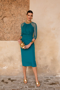 Vestido midi manga tul petróleo