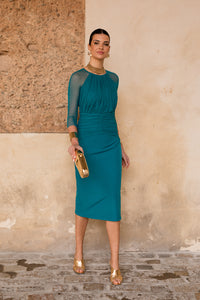 Vestido midi manga tul petróleo