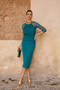 Vestido midi manga tul petróleo