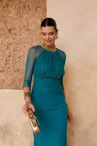 Vestido midi manga tul petróleo