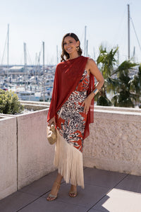 Vestido flecos escote halter teja