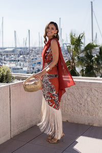 Vestido flecos escote halter teja