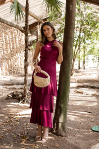 Vestido midi cuello halter multivolantes