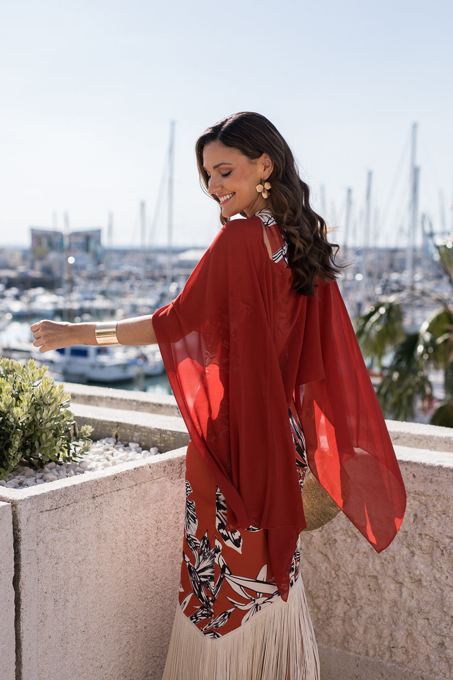 Vestido flecos escote halter teja