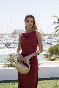 Vestido largo espalda cruzada petróleo