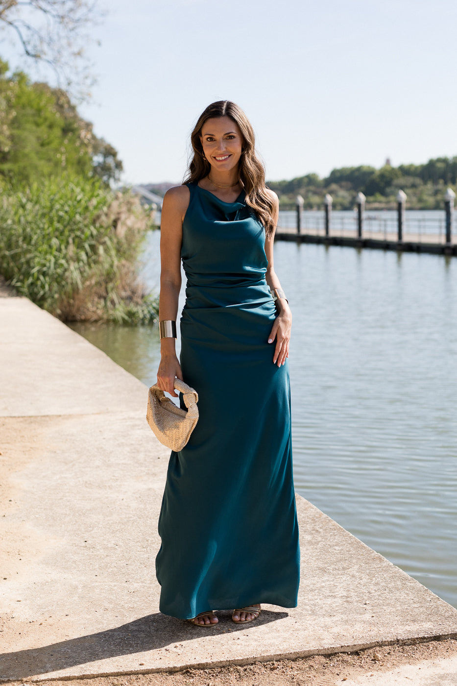 Vestido largo espalda cruzada petróleo