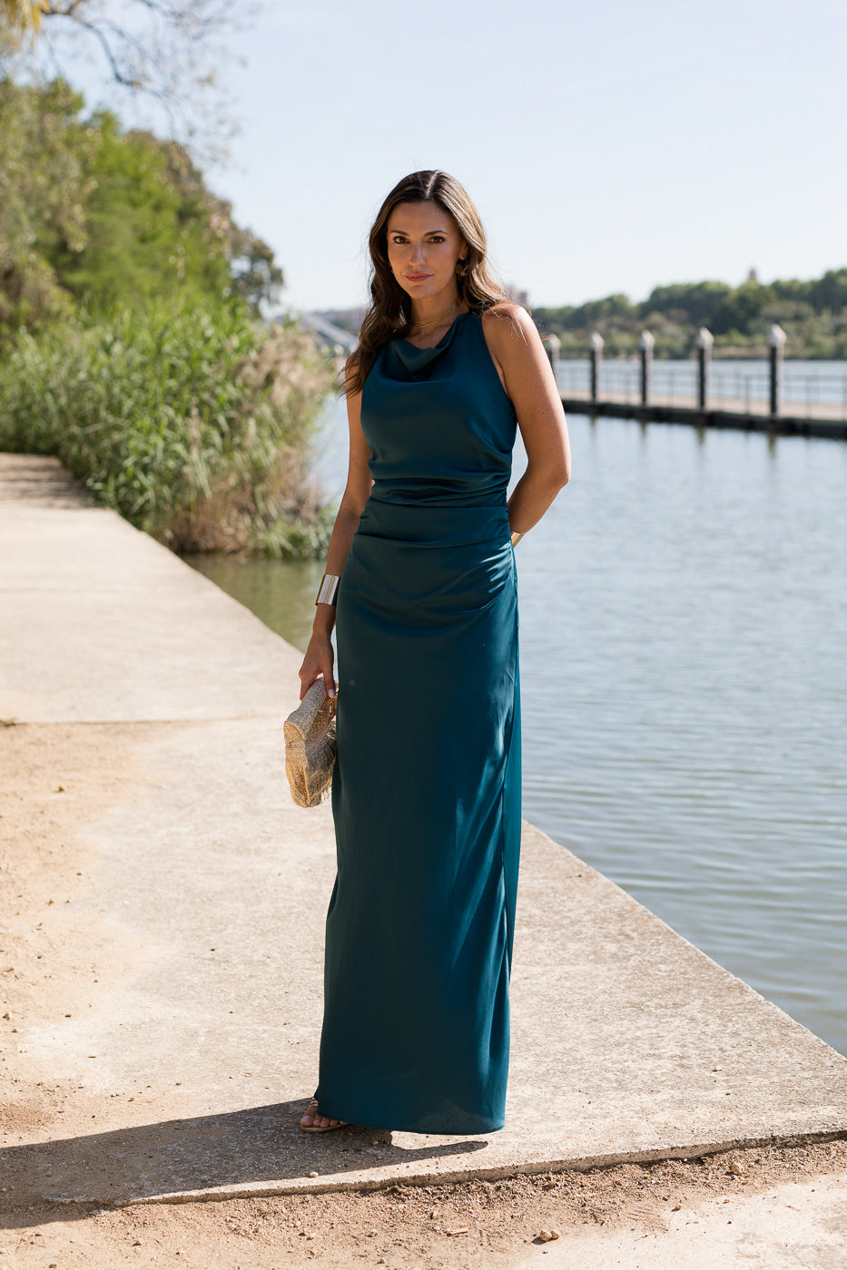 Vestido largo espalda cruzada petróleo
