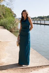 Vestido largo espalda cruzada petróleo