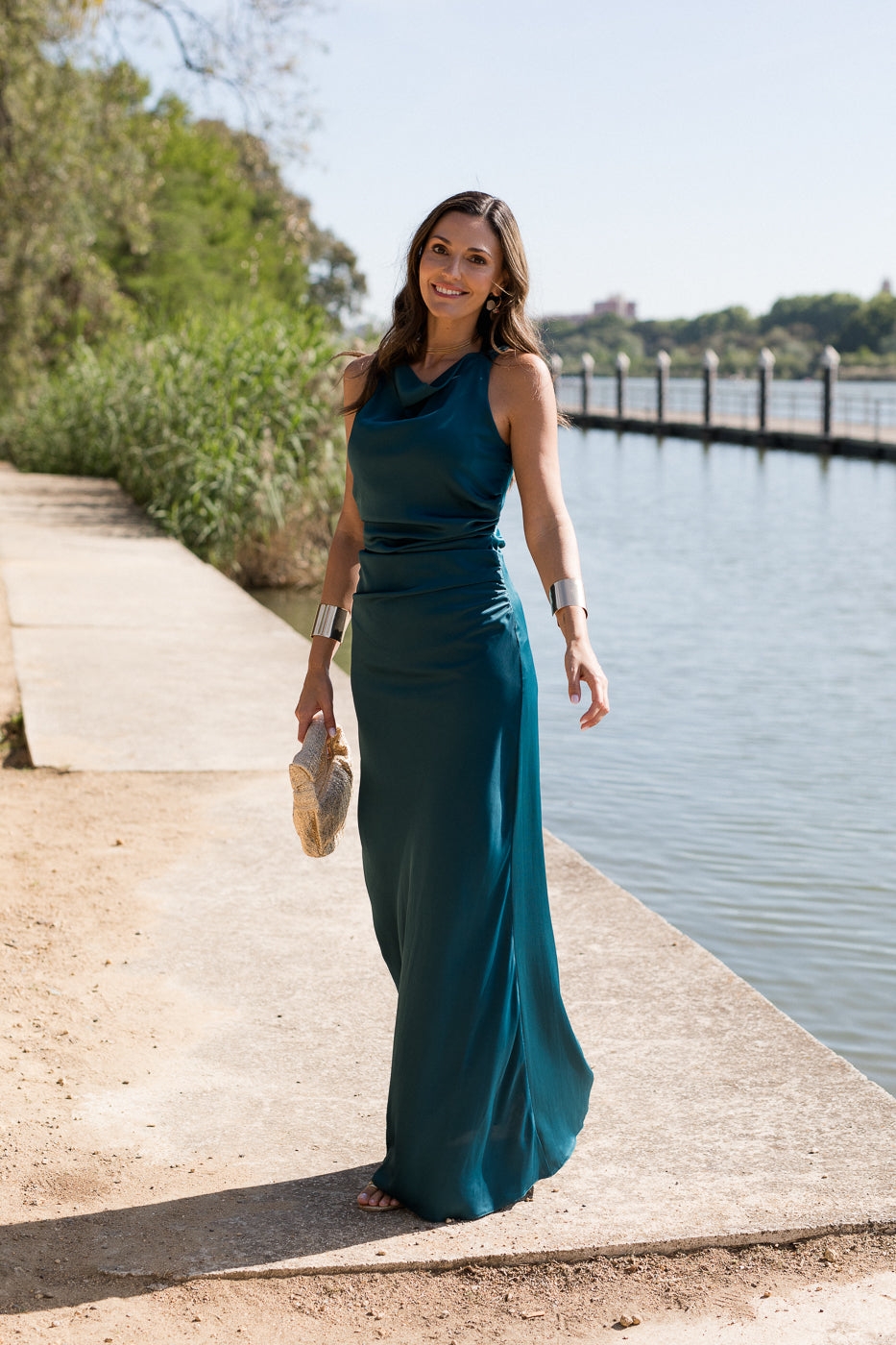 Vestido largo espalda cruzada petróleo