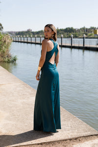 Vestido largo espalda cruzada petróleo