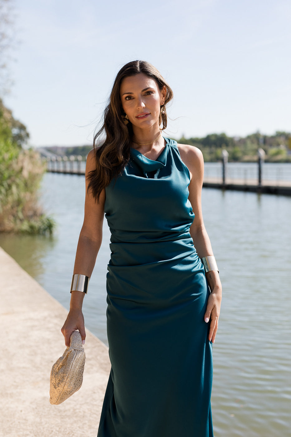 Vestido largo espalda cruzada petróleo