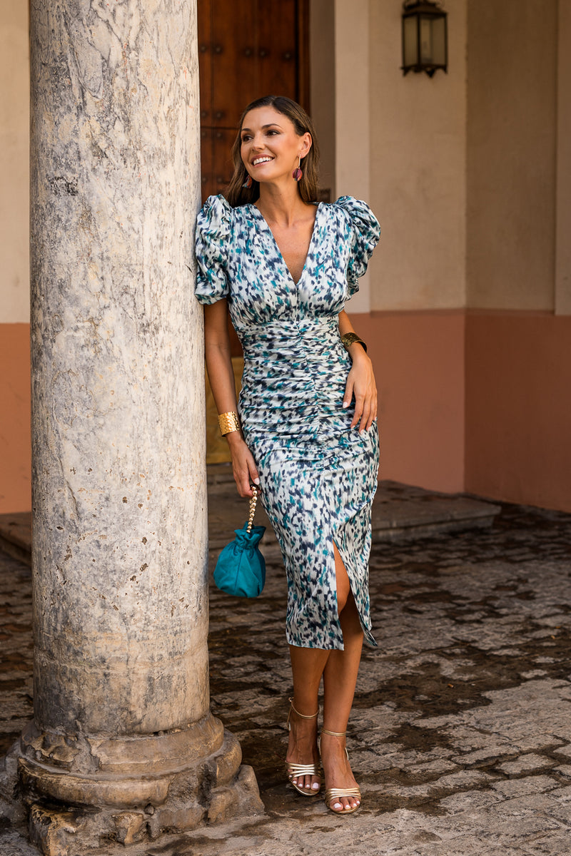 Vestido midi mangas abullonadas estampado azul
