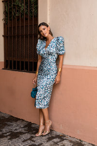 Vestido midi mangas abullonadas estampado azul