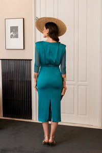 Vestido midi hombreras verde petróleo