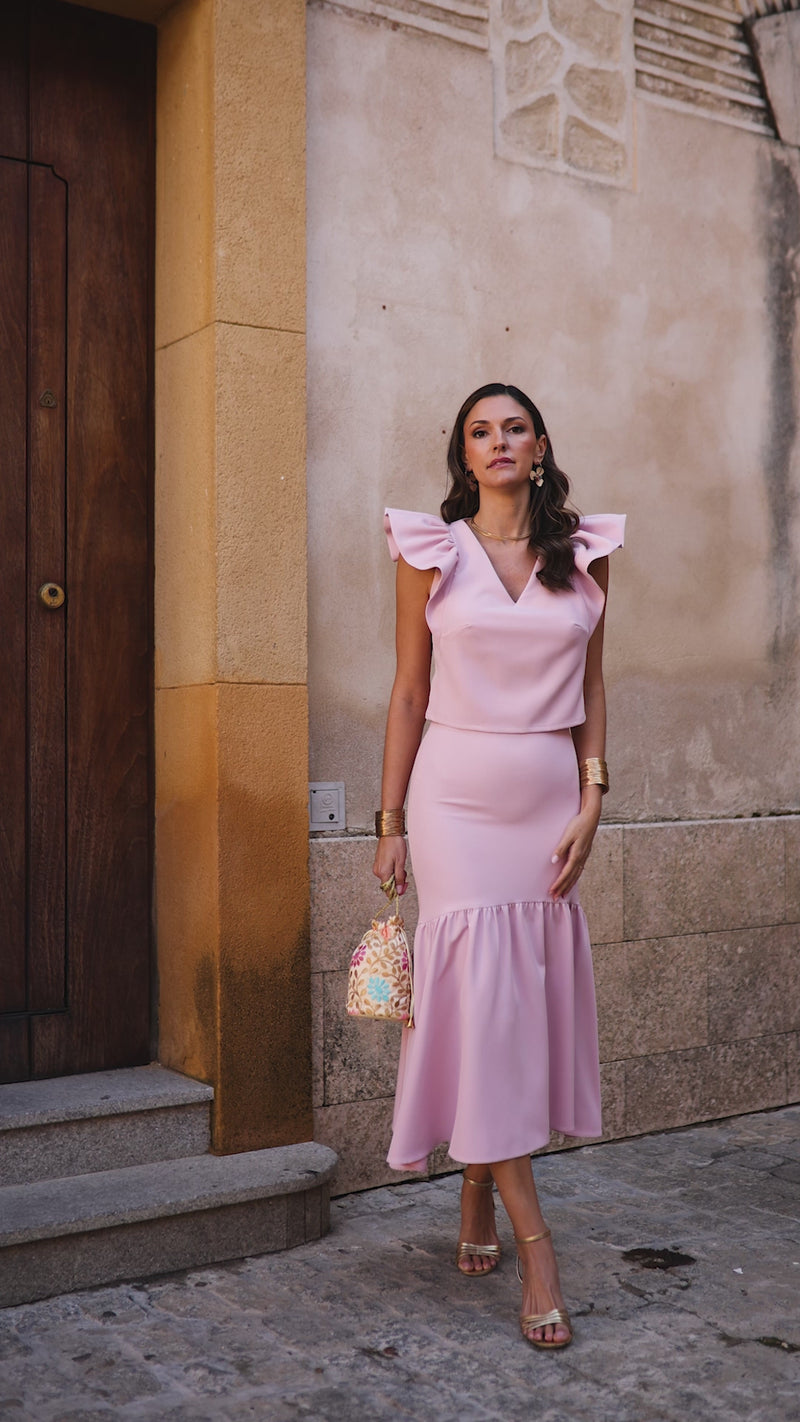 Conjunto top + falda volante rosa