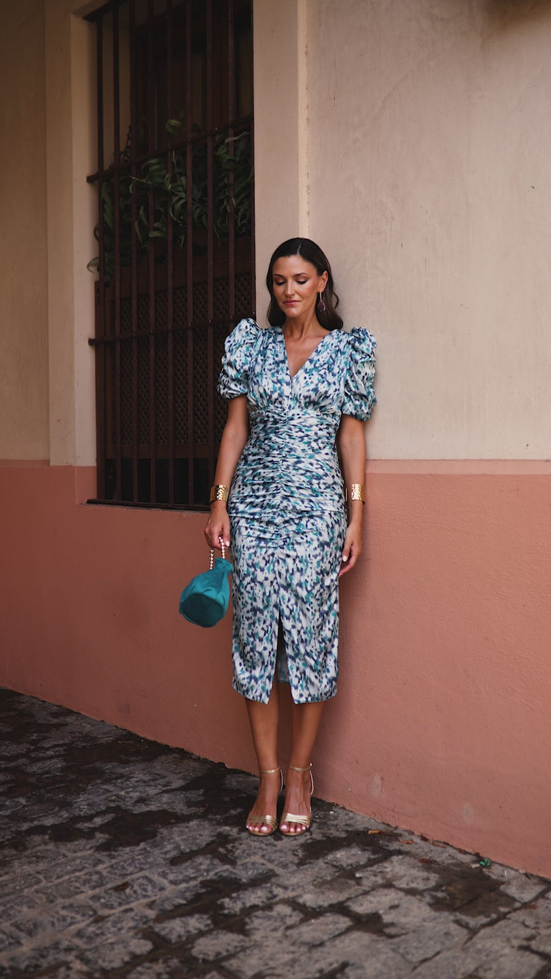 Vestido midi mangas abullonadas estampado azul