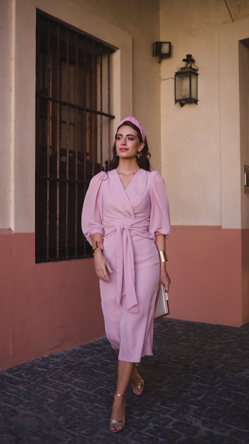 Vestido midi mangas gasa con lazada delantera