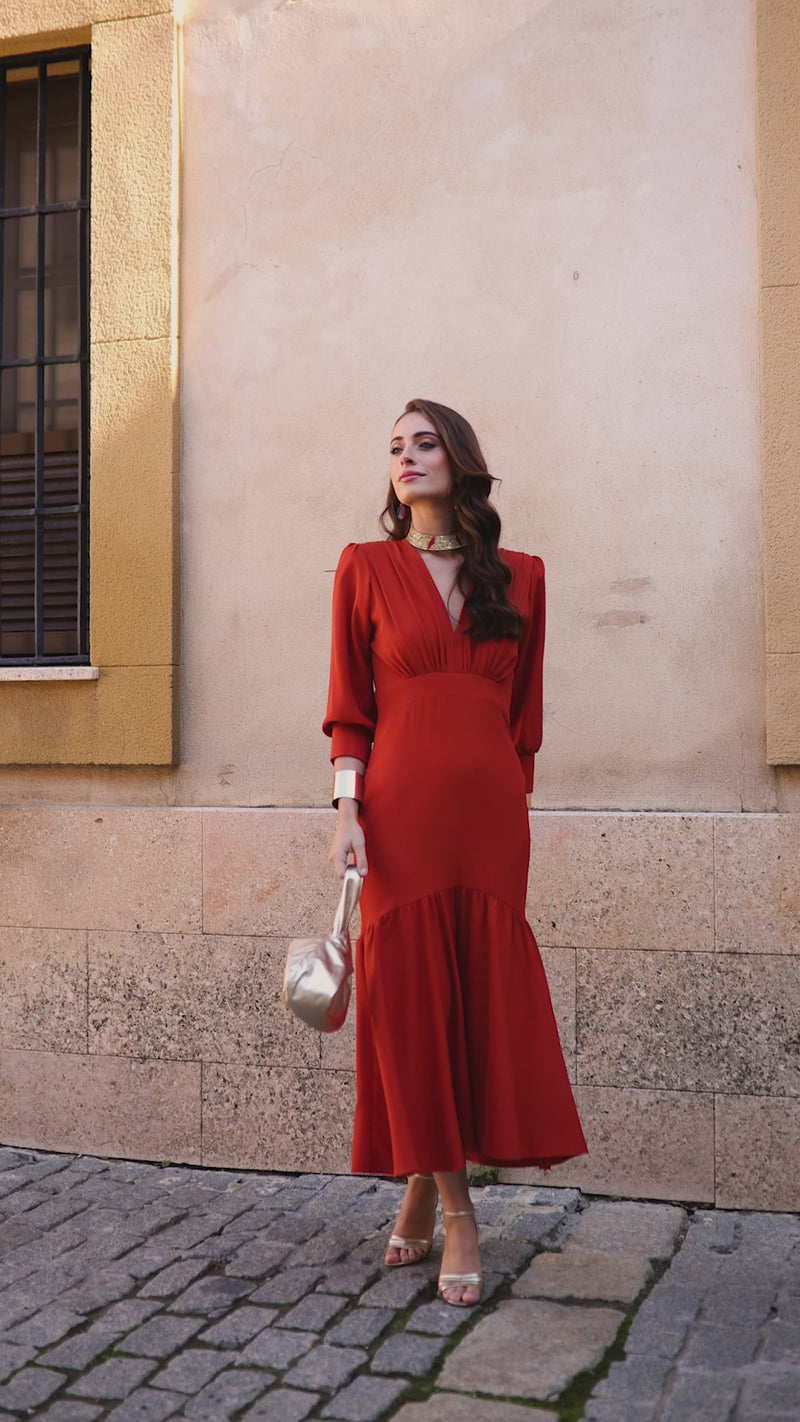 Vestido midi volante teja