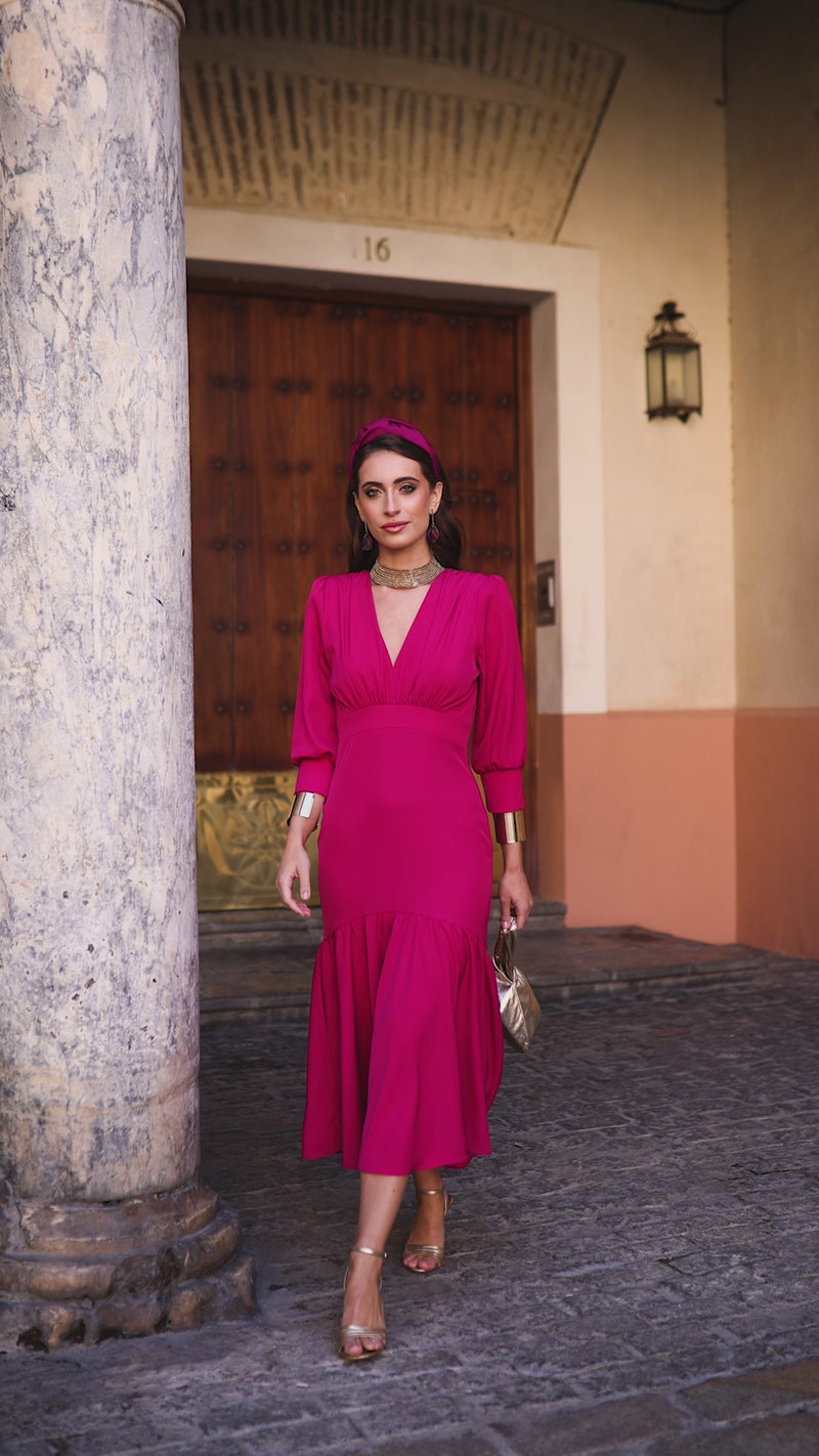 Vestido midi volante frambuesa