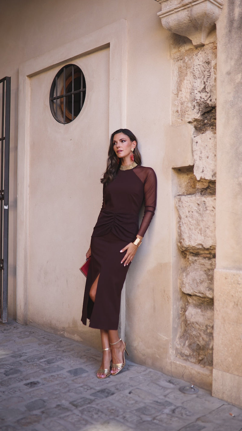 Vestido midi manga larga tul marrón chocolate